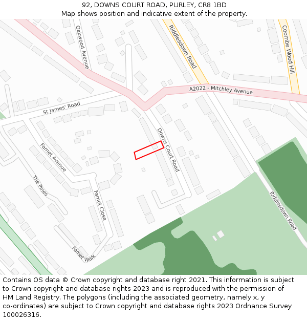 92, DOWNS COURT ROAD, PURLEY, CR8 1BD: Location map and indicative extent of plot