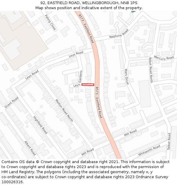 92, EASTFIELD ROAD, WELLINGBOROUGH, NN8 1PS: Location map and indicative extent of plot