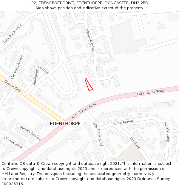 92, EDENCROFT DRIVE, EDENTHORPE, DONCASTER, DN3 2RD: Location map and indicative extent of plot