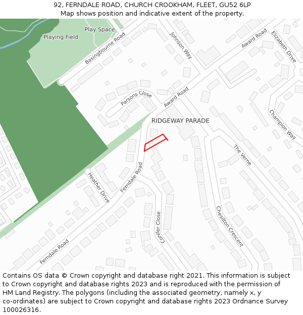 92, FERNDALE ROAD, CHURCH CROOKHAM, FLEET, GU52 6LP: Location map and indicative extent of plot