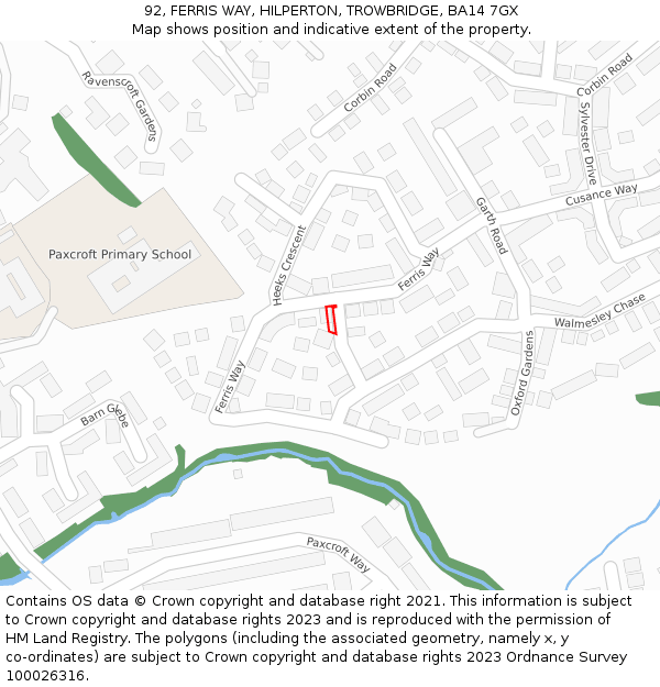 92, FERRIS WAY, HILPERTON, TROWBRIDGE, BA14 7GX: Location map and indicative extent of plot