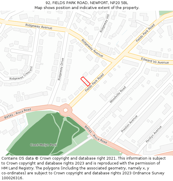 92, FIELDS PARK ROAD, NEWPORT, NP20 5BL: Location map and indicative extent of plot