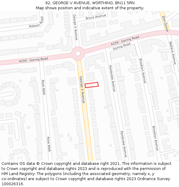 92, GEORGE V AVENUE, WORTHING, BN11 5RN: Location map and indicative extent of plot