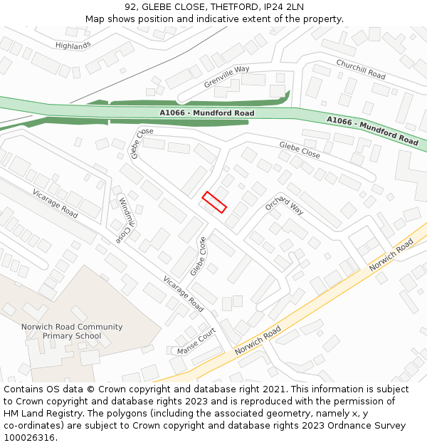 92, GLEBE CLOSE, THETFORD, IP24 2LN: Location map and indicative extent of plot