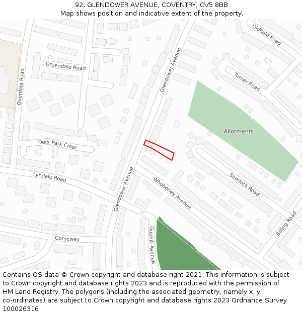 92, GLENDOWER AVENUE, COVENTRY, CV5 8BB: Location map and indicative extent of plot