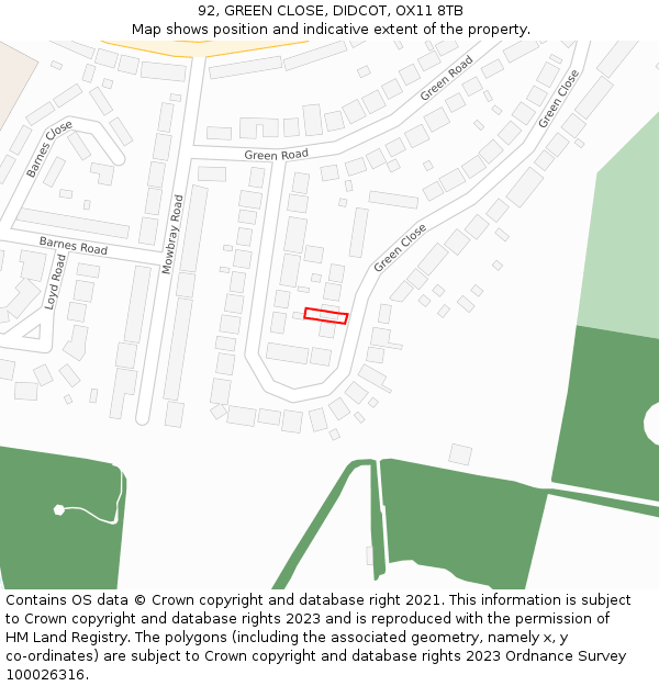 92, GREEN CLOSE, DIDCOT, OX11 8TB: Location map and indicative extent of plot