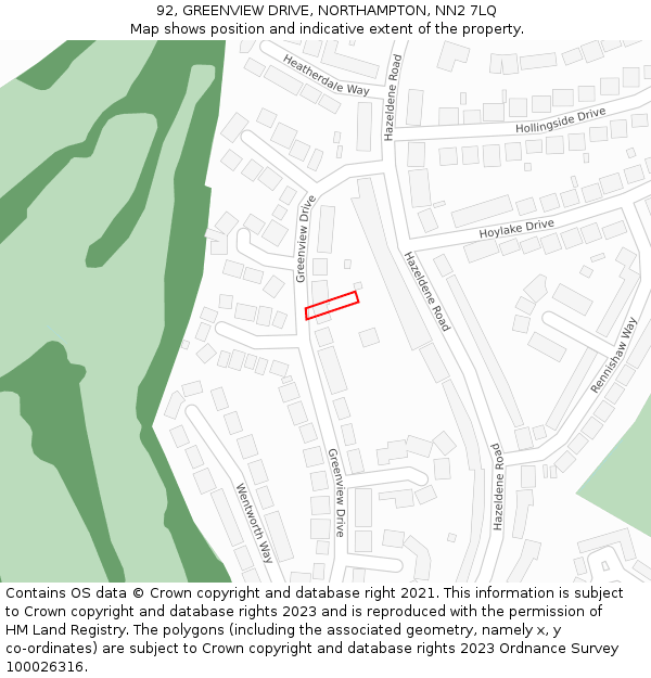 92, GREENVIEW DRIVE, NORTHAMPTON, NN2 7LQ: Location map and indicative extent of plot