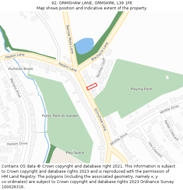 92, GRIMSHAW LANE, ORMSKIRK, L39 1PE: Location map and indicative extent of plot