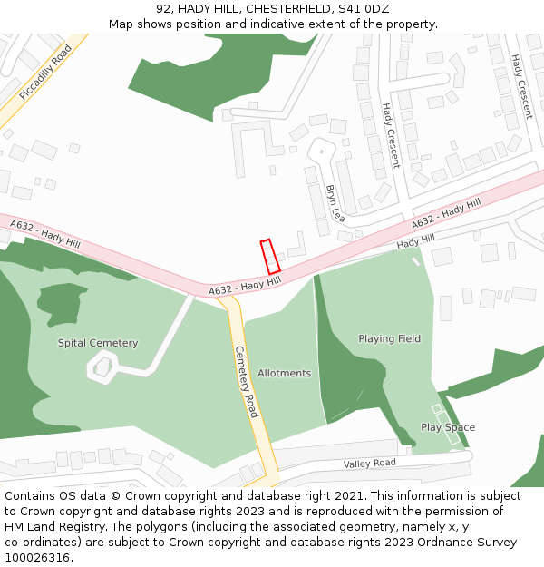 92, HADY HILL, CHESTERFIELD, S41 0DZ: Location map and indicative extent of plot