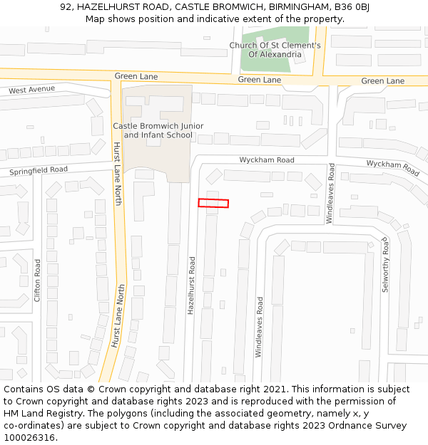 92, HAZELHURST ROAD, CASTLE BROMWICH, BIRMINGHAM, B36 0BJ: Location map and indicative extent of plot