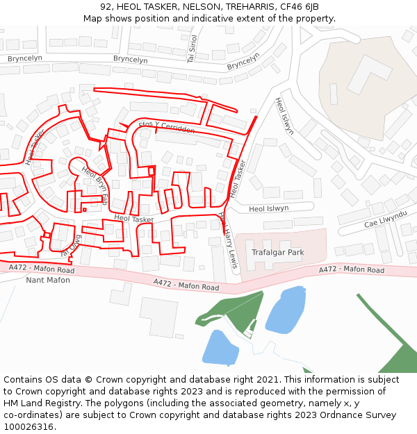 92, HEOL TASKER, NELSON, TREHARRIS, CF46 6JB: Location map and indicative extent of plot