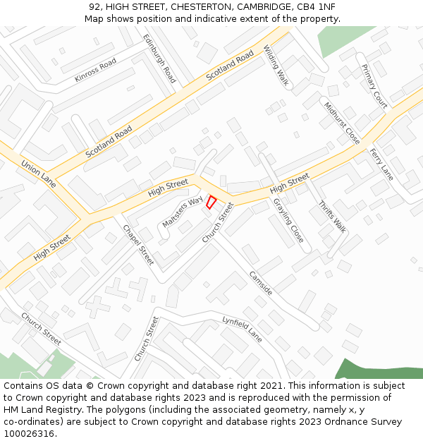 92, HIGH STREET, CHESTERTON, CAMBRIDGE, CB4 1NF: Location map and indicative extent of plot