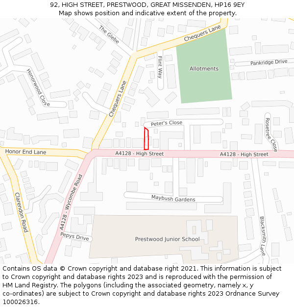 92, HIGH STREET, PRESTWOOD, GREAT MISSENDEN, HP16 9EY: Location map and indicative extent of plot