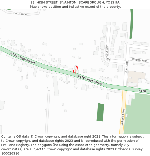 92, HIGH STREET, SNAINTON, SCARBOROUGH, YO13 9AJ: Location map and indicative extent of plot