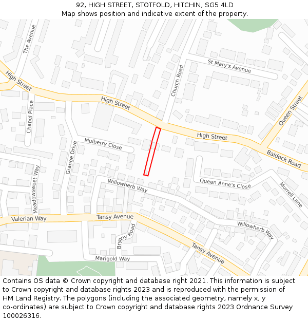 92, HIGH STREET, STOTFOLD, HITCHIN, SG5 4LD: Location map and indicative extent of plot