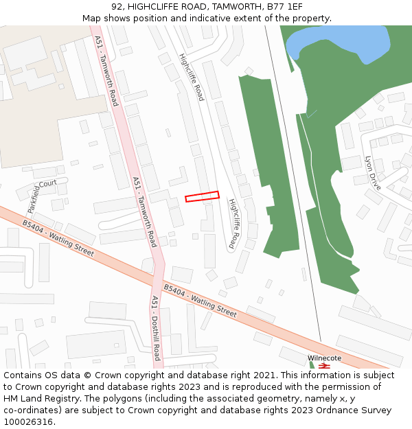 92, HIGHCLIFFE ROAD, TAMWORTH, B77 1EF: Location map and indicative extent of plot