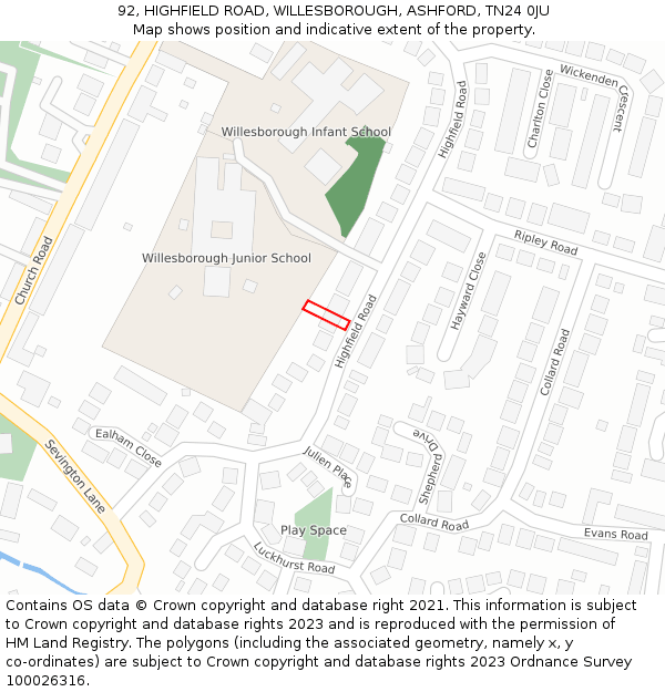 92, HIGHFIELD ROAD, WILLESBOROUGH, ASHFORD, TN24 0JU: Location map and indicative extent of plot