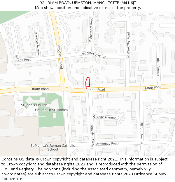 92, IRLAM ROAD, URMSTON, MANCHESTER, M41 6JT: Location map and indicative extent of plot