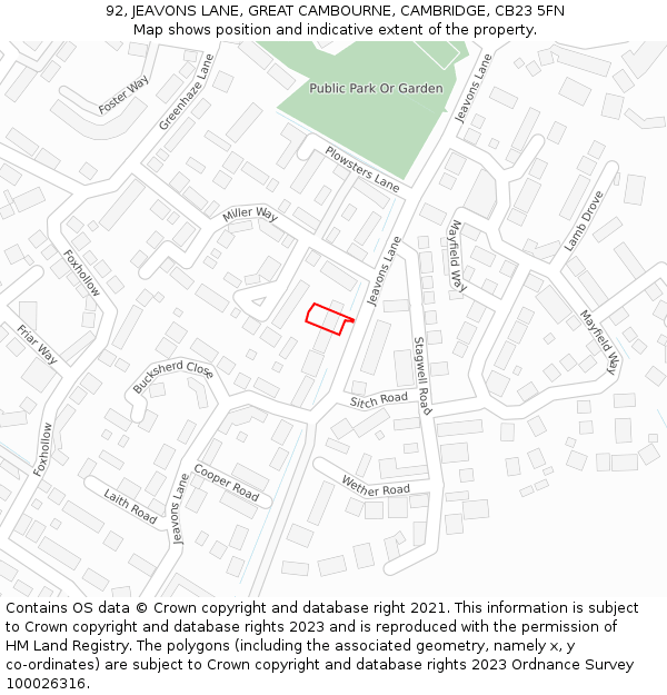 92, JEAVONS LANE, GREAT CAMBOURNE, CAMBRIDGE, CB23 5FN: Location map and indicative extent of plot