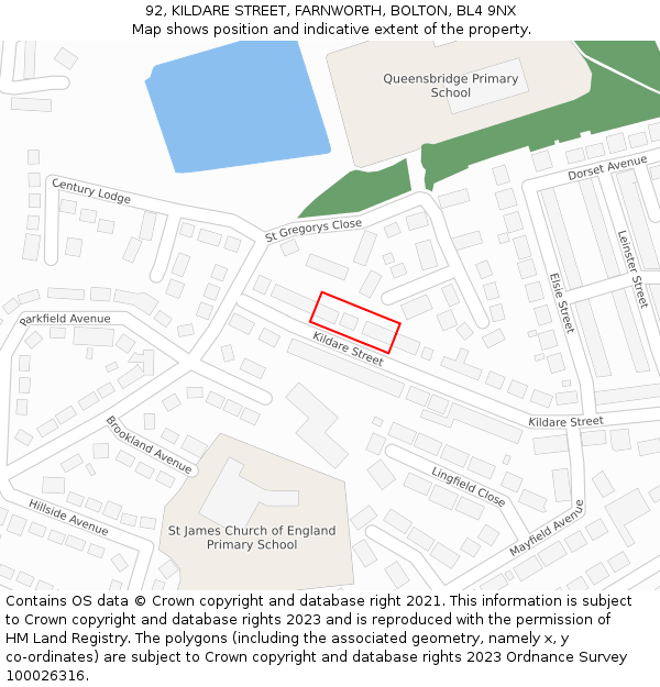 92, KILDARE STREET, FARNWORTH, BOLTON, BL4 9NX: Location map and indicative extent of plot