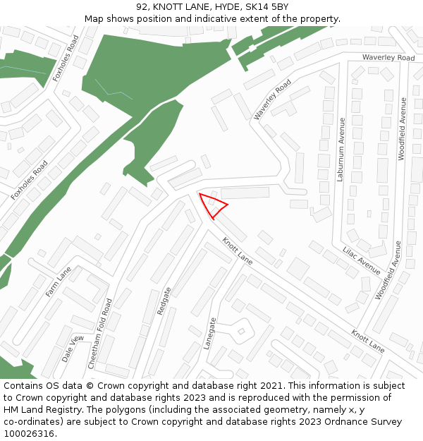 92, KNOTT LANE, HYDE, SK14 5BY: Location map and indicative extent of plot