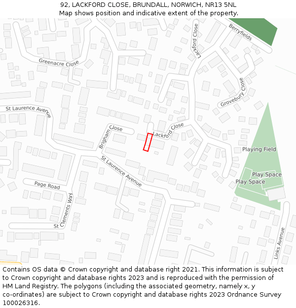 92, LACKFORD CLOSE, BRUNDALL, NORWICH, NR13 5NL: Location map and indicative extent of plot