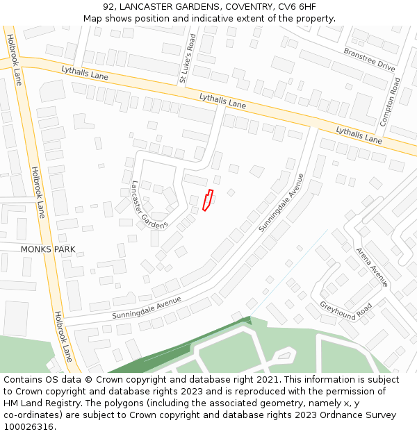 92, LANCASTER GARDENS, COVENTRY, CV6 6HF: Location map and indicative extent of plot