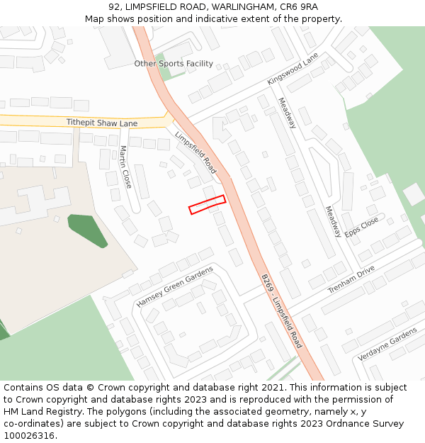 92, LIMPSFIELD ROAD, WARLINGHAM, CR6 9RA: Location map and indicative extent of plot