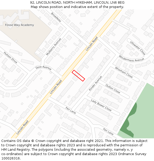 92, LINCOLN ROAD, NORTH HYKEHAM, LINCOLN, LN6 8EG: Location map and indicative extent of plot
