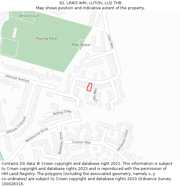 92, LINKS WAY, LUTON, LU2 7HB: Location map and indicative extent of plot