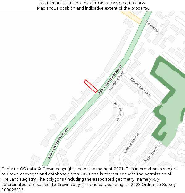 92, LIVERPOOL ROAD, AUGHTON, ORMSKIRK, L39 3LW: Location map and indicative extent of plot