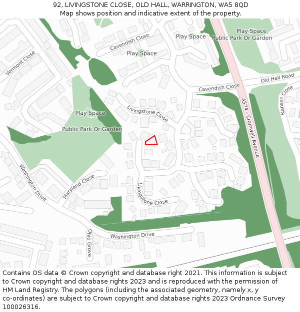 92, LIVINGSTONE CLOSE, OLD HALL, WARRINGTON, WA5 8QD: Location map and indicative extent of plot