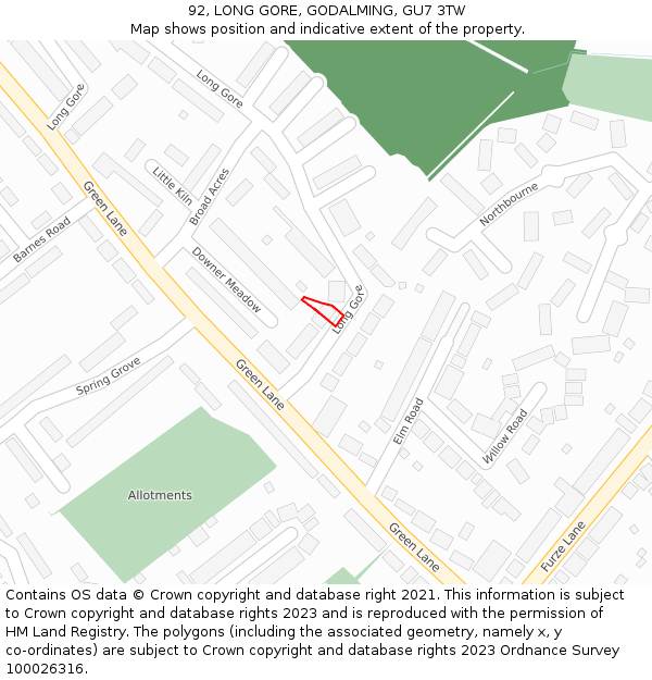 92, LONG GORE, GODALMING, GU7 3TW: Location map and indicative extent of plot