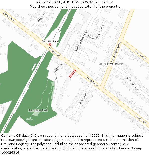 92, LONG LANE, AUGHTON, ORMSKIRK, L39 5BZ: Location map and indicative extent of plot