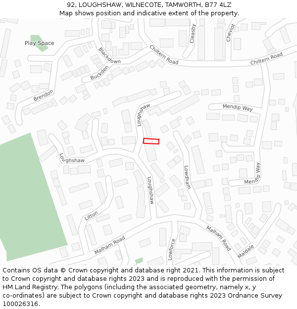 92, LOUGHSHAW, WILNECOTE, TAMWORTH, B77 4LZ: Location map and indicative extent of plot