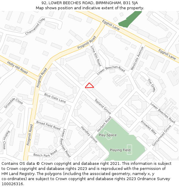 92, LOWER BEECHES ROAD, BIRMINGHAM, B31 5JA: Location map and indicative extent of plot