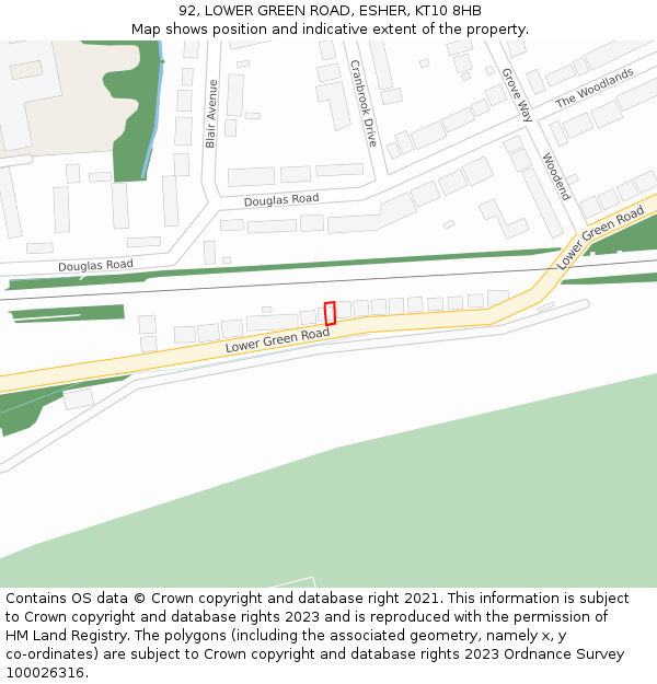 92, LOWER GREEN ROAD, ESHER, KT10 8HB: Location map and indicative extent of plot