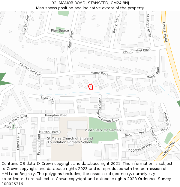 92, MANOR ROAD, STANSTED, CM24 8NJ: Location map and indicative extent of plot