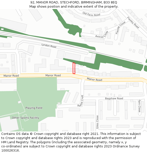 92, MANOR ROAD, STECHFORD, BIRMINGHAM, B33 8EQ: Location map and indicative extent of plot