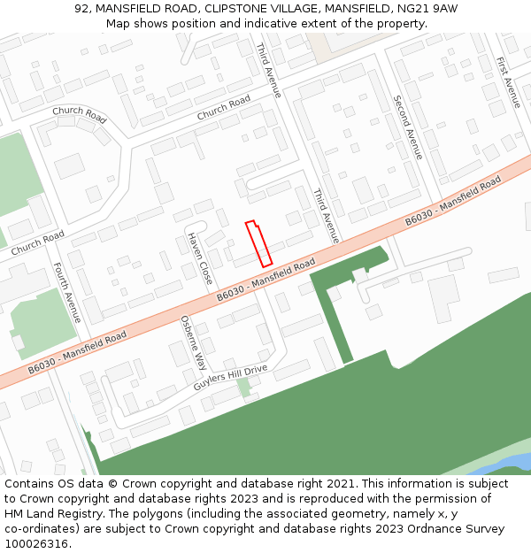 92, MANSFIELD ROAD, CLIPSTONE VILLAGE, MANSFIELD, NG21 9AW: Location map and indicative extent of plot