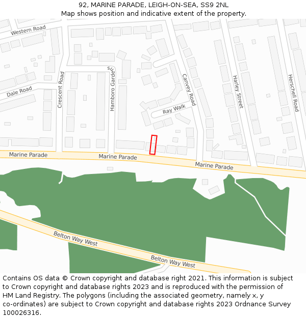 92, MARINE PARADE, LEIGH-ON-SEA, SS9 2NL: Location map and indicative extent of plot