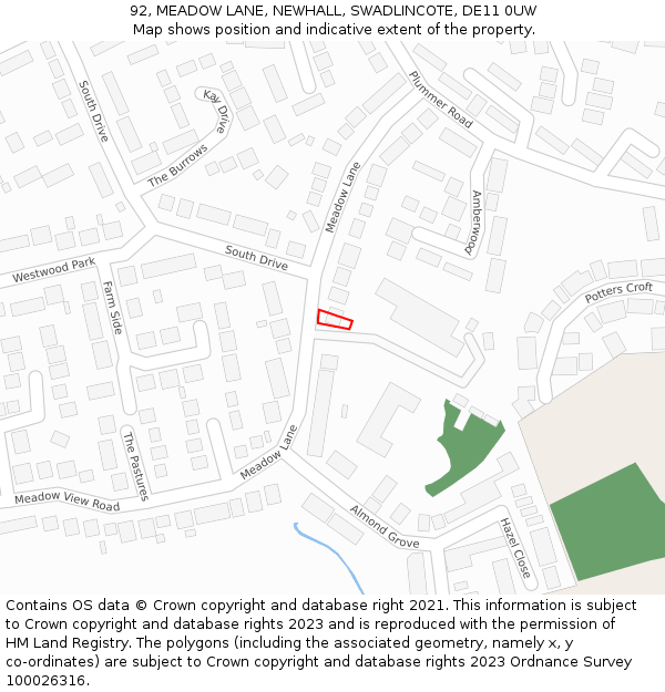 92, MEADOW LANE, NEWHALL, SWADLINCOTE, DE11 0UW: Location map and indicative extent of plot