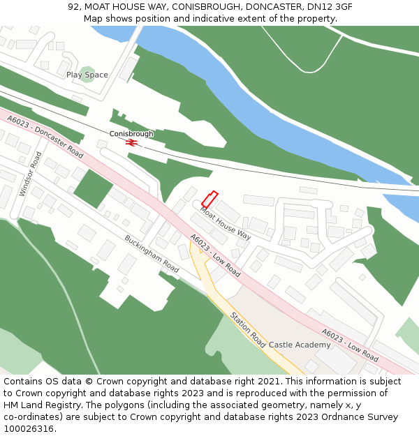 92, MOAT HOUSE WAY, CONISBROUGH, DONCASTER, DN12 3GF: Location map and indicative extent of plot