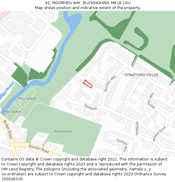 92, MOORHEN WAY, BUCKINGHAM, MK18 1GU: Location map and indicative extent of plot