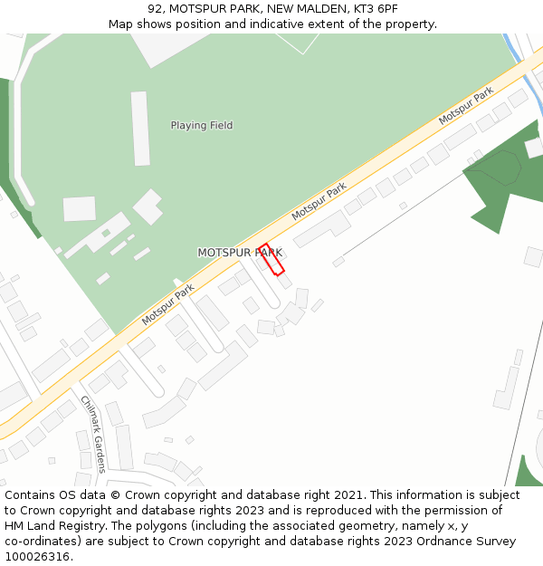 92, MOTSPUR PARK, NEW MALDEN, KT3 6PF: Location map and indicative extent of plot