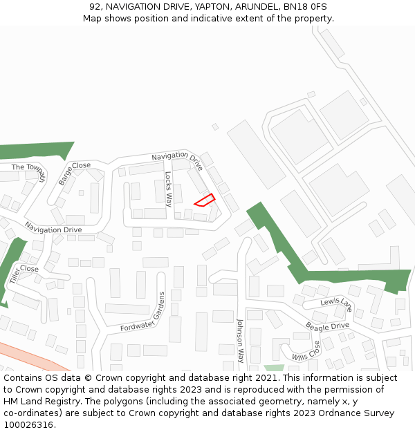 92, NAVIGATION DRIVE, YAPTON, ARUNDEL, BN18 0FS: Location map and indicative extent of plot