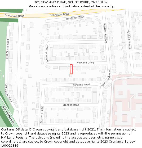 92, NEWLAND DRIVE, SCUNTHORPE, DN15 7HW: Location map and indicative extent of plot