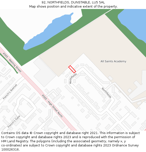 92, NORTHFIELDS, DUNSTABLE, LU5 5AL: Location map and indicative extent of plot