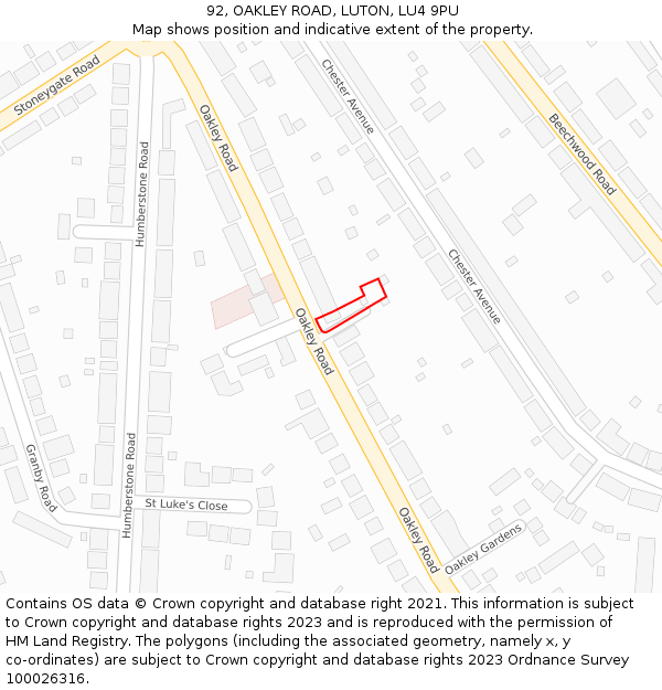 92, OAKLEY ROAD, LUTON, LU4 9PU: Location map and indicative extent of plot