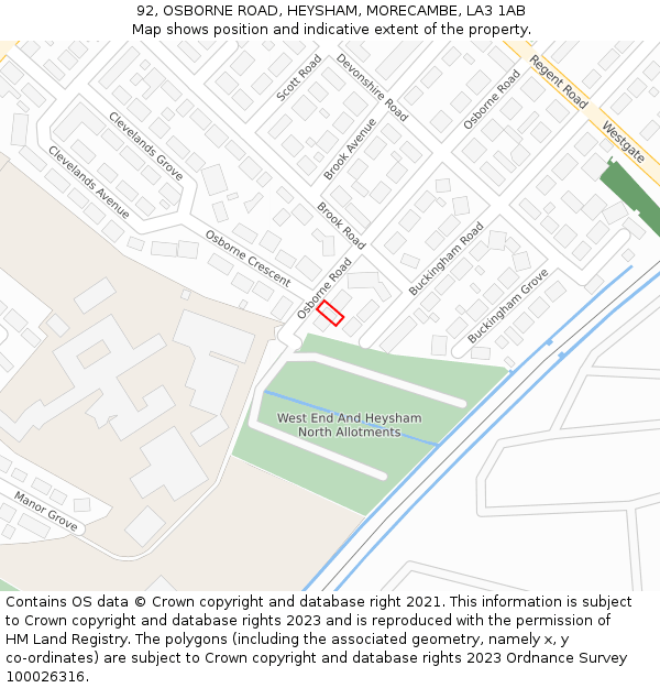 92, OSBORNE ROAD, HEYSHAM, MORECAMBE, LA3 1AB: Location map and indicative extent of plot
